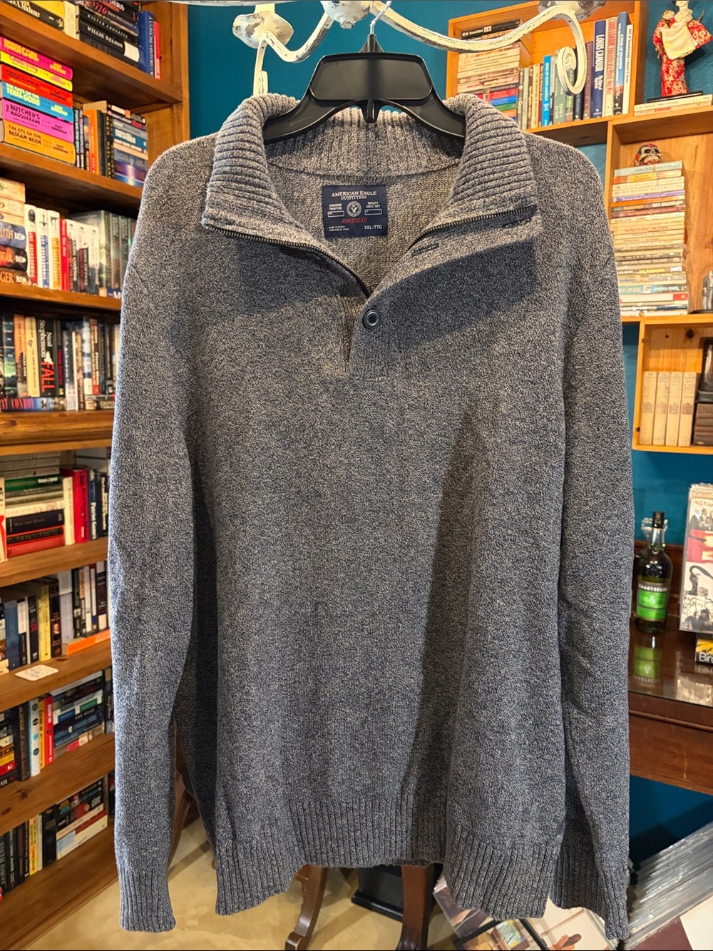 American Eagle Outfitters Heather Gray Button/Zip-Neck Sweater